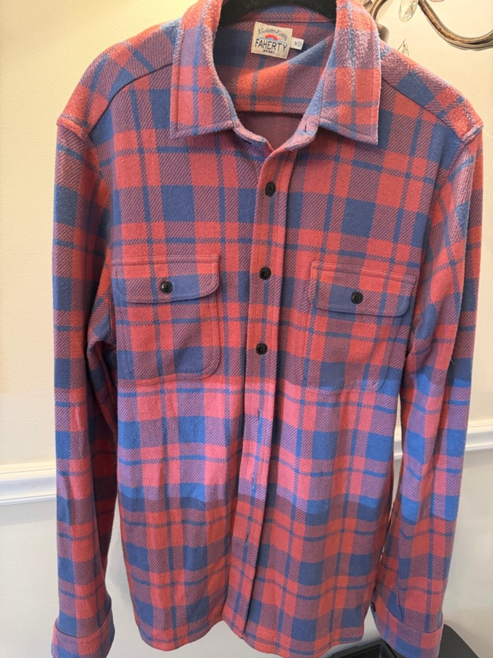 Faherty Coral and Blue Plaid Button-Down Shirt